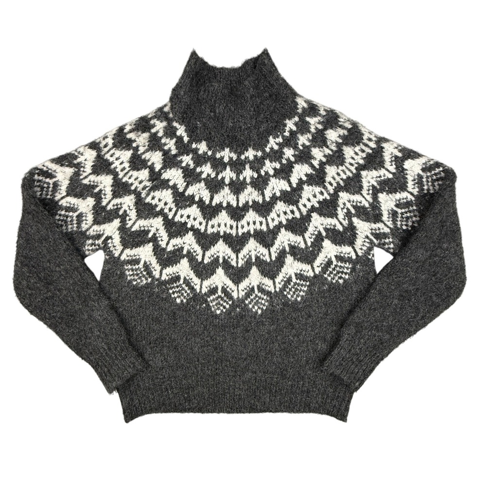 Joie Sweater Women Large Charcoal Gray Nordic Fair Isle Mock Neck Fuzzy Knit